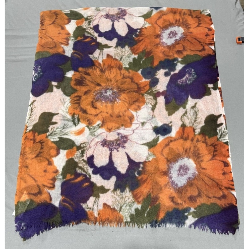 Global Accessories 100% Wool Floral Scarf Orange Purple Fringe Shawl Wrap 70x28